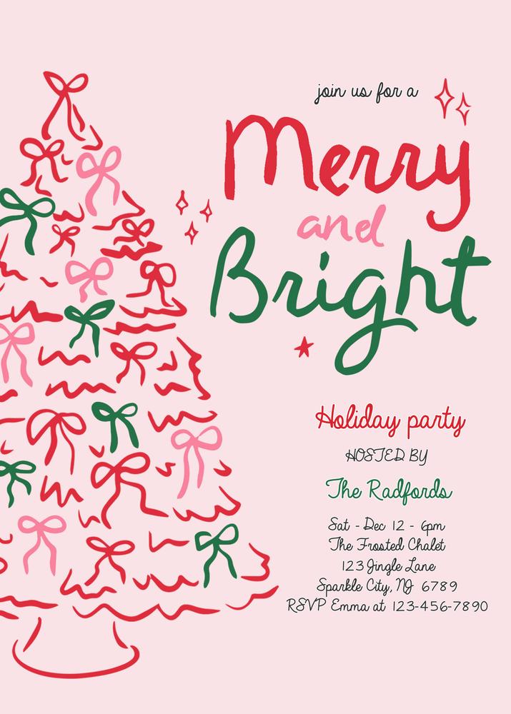 Editable Merry & Bright Pink Christmas Party Invitation Canva Template