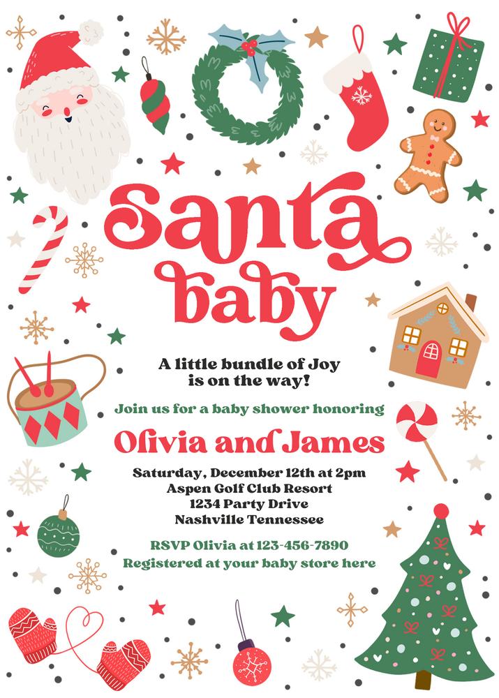Editable Santa Baby Shower Invitation | Christmas Baby Shower Canva Template