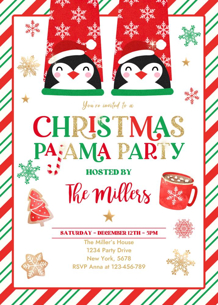 Christmas Pajama Party Invitation | Editable Canva Template Red & Gold