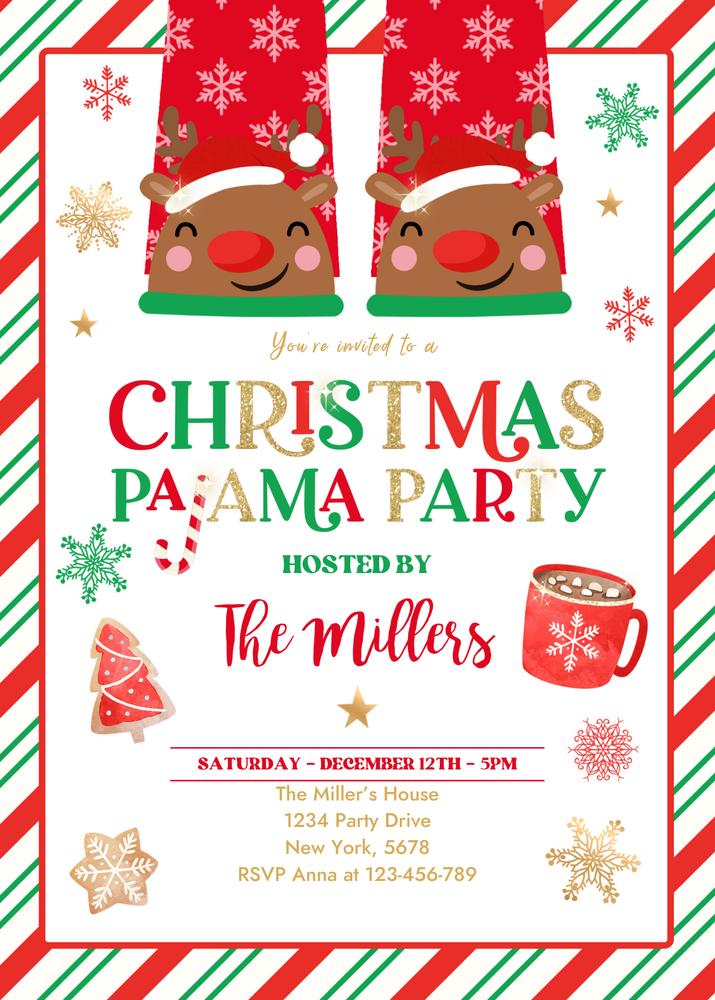 Editable Christmas Pajama Party Invite | Red & Gold Holiday Canva Template