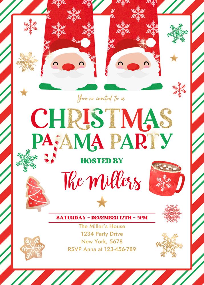 Christmas Pajama Party Invitation | Editable Canva Template Red & Gold