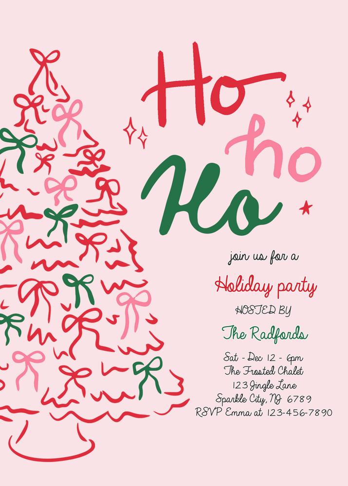 Editable Pink & Red Ho Ho Ho Christmas Party Invite Canva Template