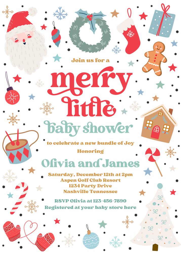Santa Merry Little Baby Shower Invitation | Editable Christmas Canva Template