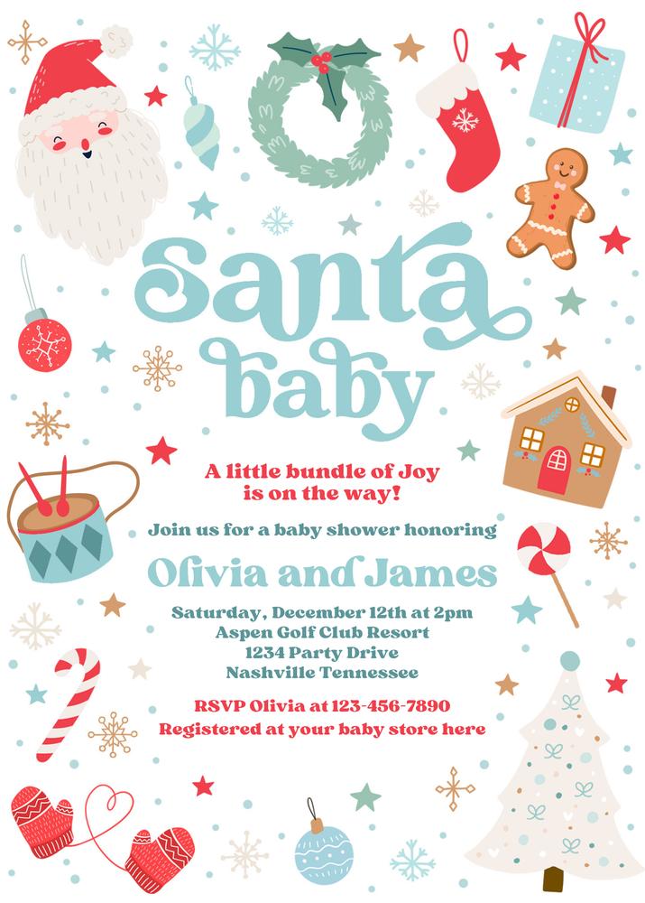 Blue Santa Baby Shower Invitation | Editable Christmas Baby Shower Canva Template