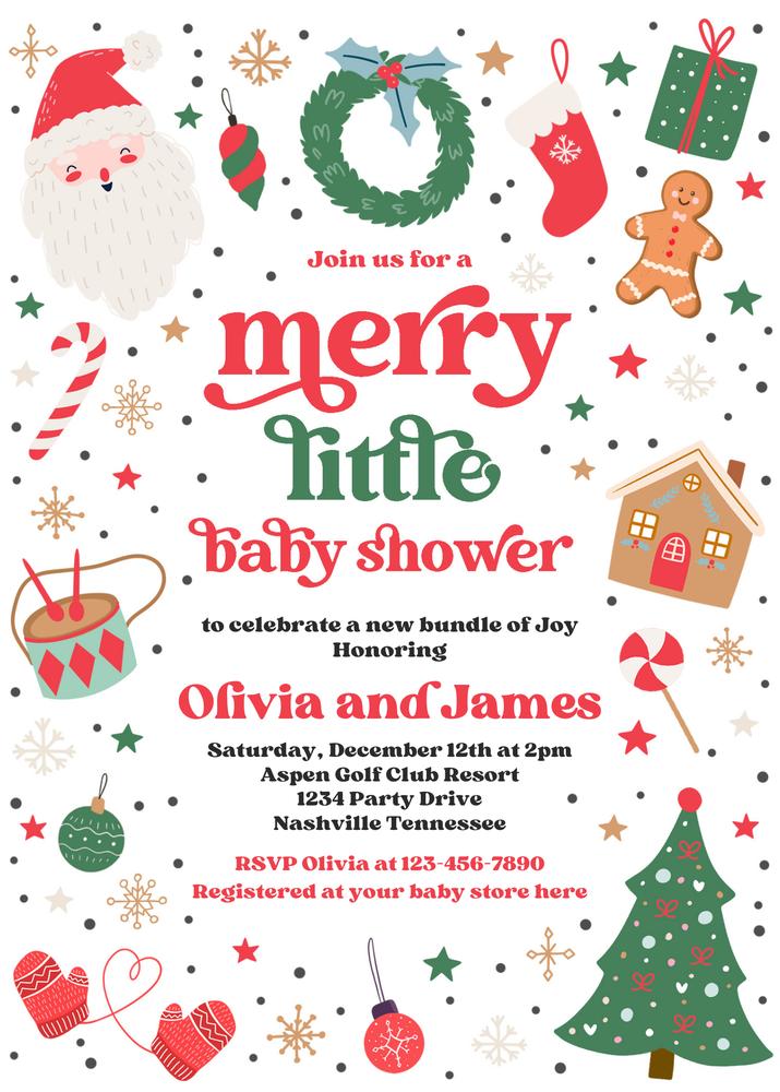 Merry Little Baby Shower Invitation | Santa Christmas Baby Shower Canva Template