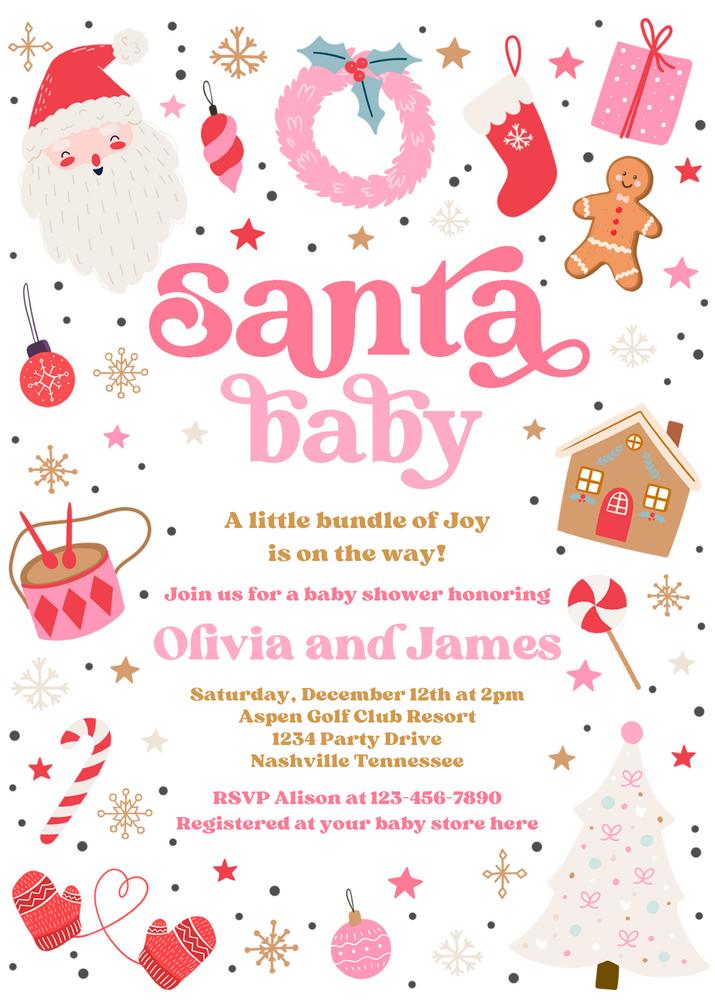 Editable Santa Baby Shower Invitation | Red and Pink Christmas Canva Template