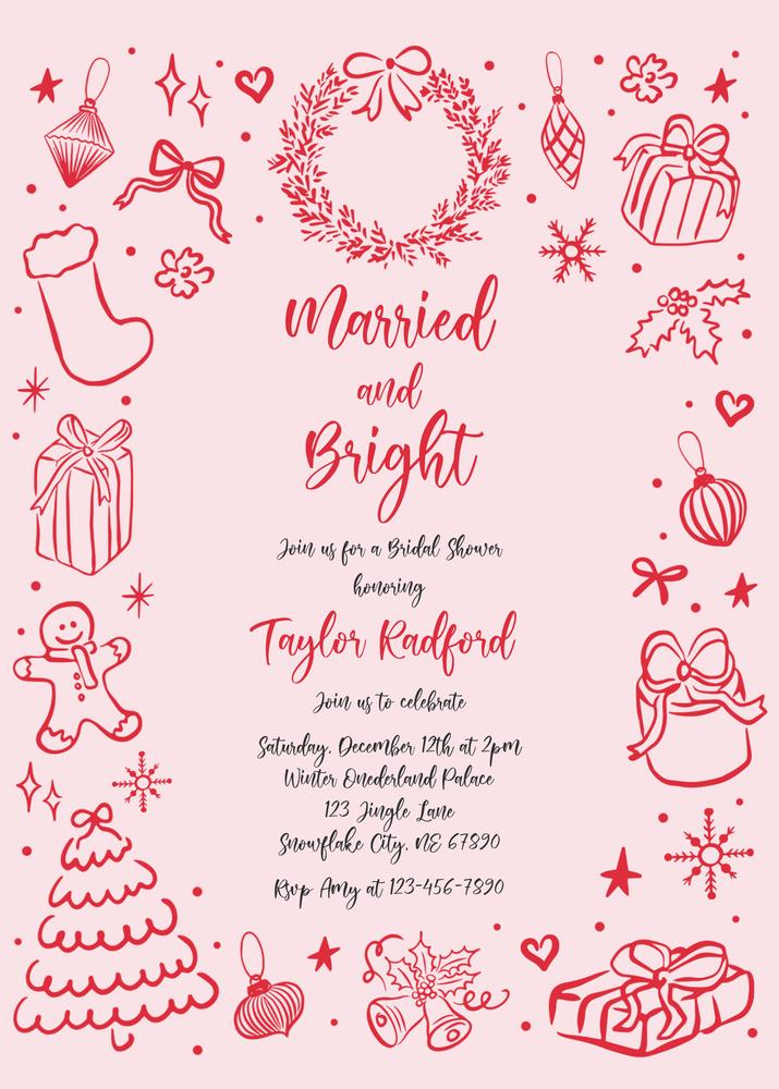 Married and Bright Christmas Bridal Shower Invite | Coquette Bow Canva Template