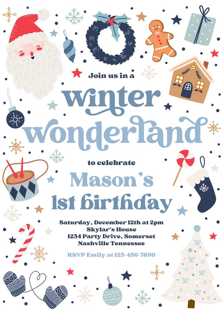 Winter Wonderland 1st Birthday Invitation | Blue & Red Editable Canva Template