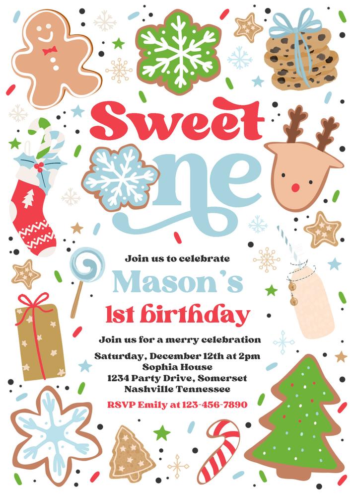 Christmas Cookie 1st Birthday Invitation | Editable Canva Holiday Sweet One