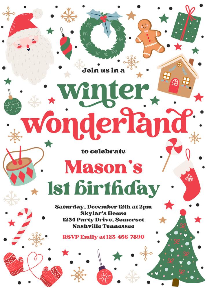 Winter Wonderland 1st Birthday Invitation | Editable Red & Green Canva Template