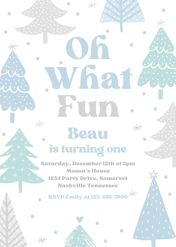 Blue Oh What Fun Christmas Birthday Invitation - Winter Onederland Canva Template
