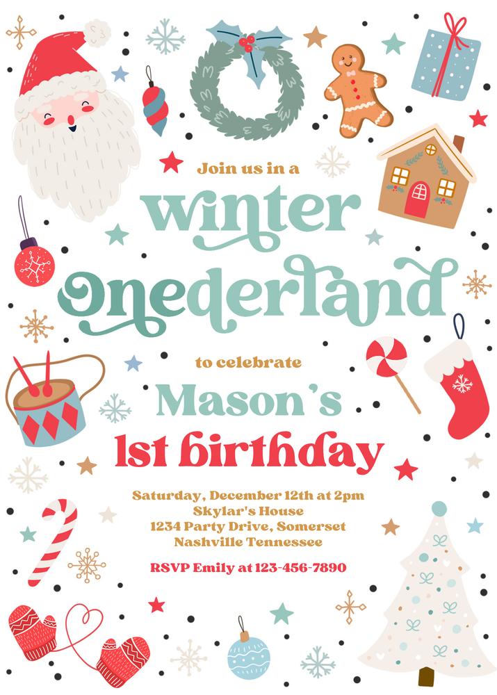 Winter ONEderland 1st Birthday Invitation | Boys Red & Blue Canva Template