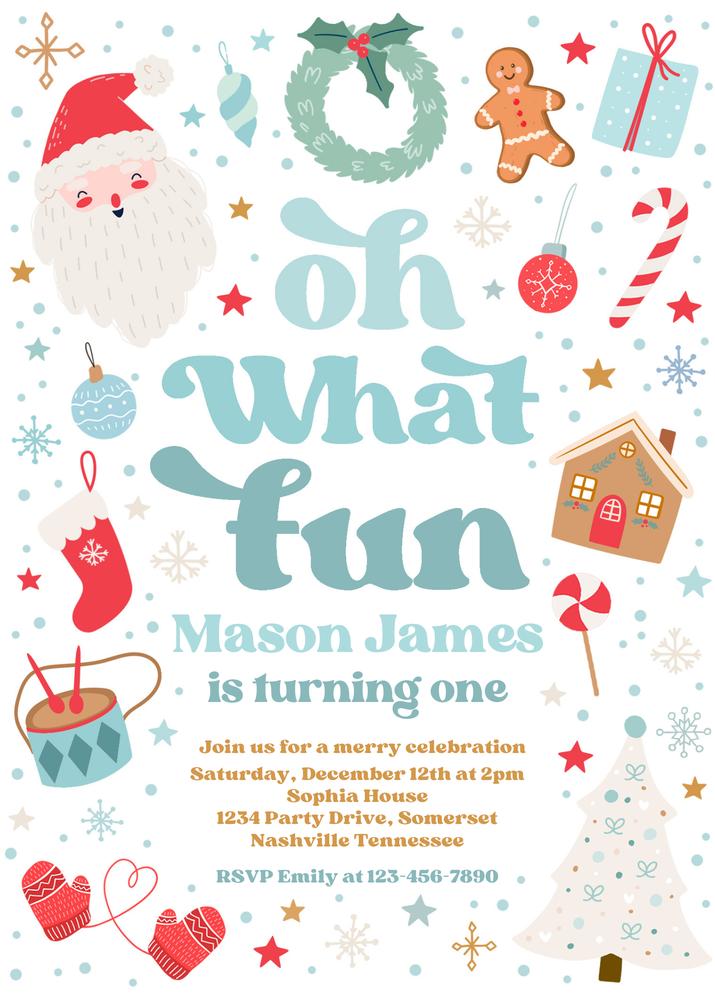 Editable Christmas Birthday Invitation - Blue & Red "Oh What Fun" Canva Template