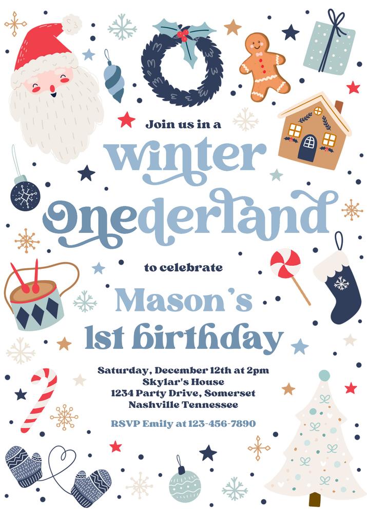 Winter ONEderland 1st Birthday Invitation | Boys Red Blue Christmas Canva