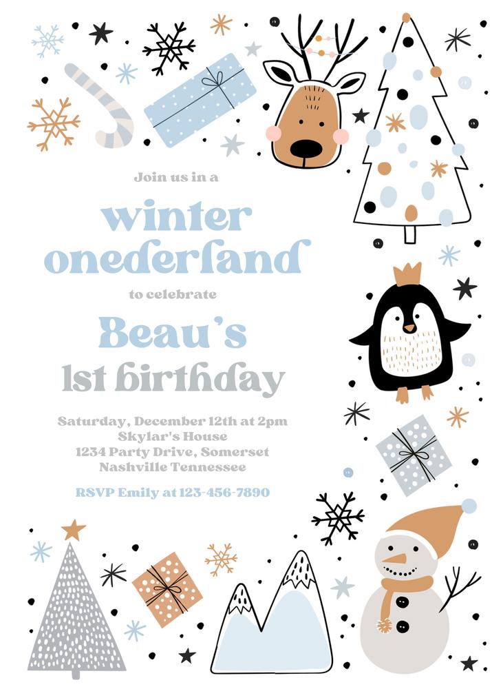 Winter Onederland Birthday Invite, Blue & Silver Forest Animals Canva Template