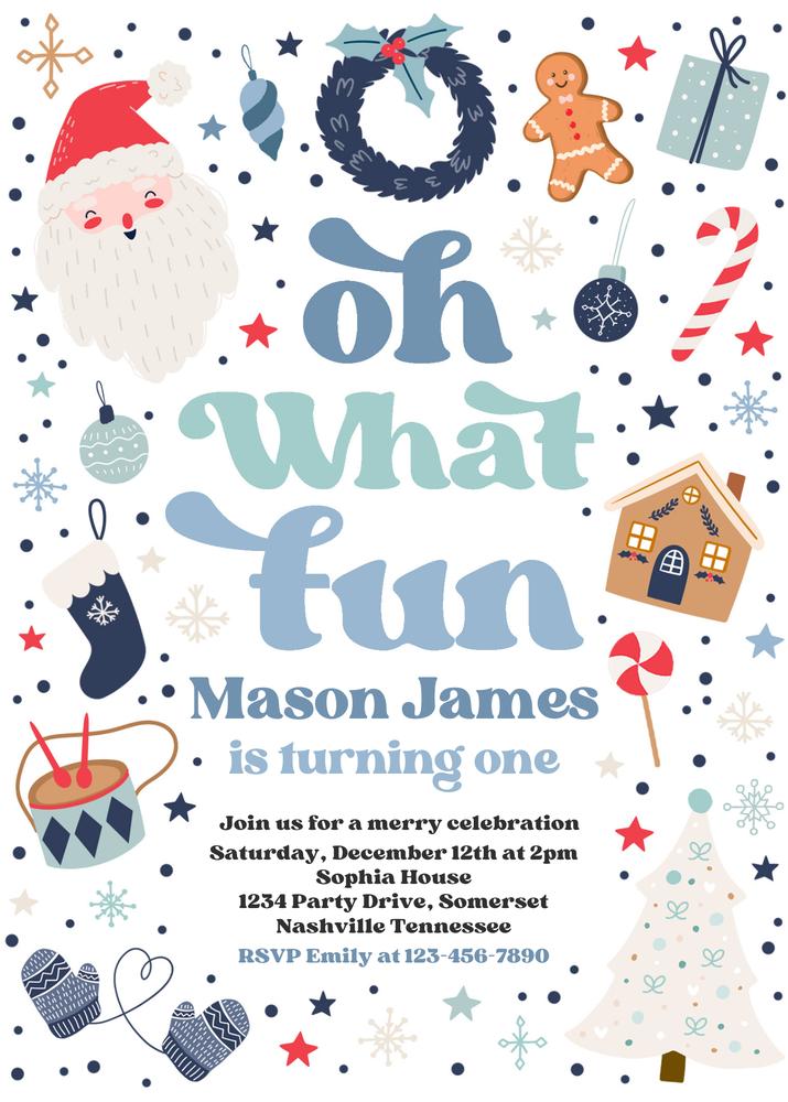 Editable Christmas Birthday Invitation - Oh What Fun Blue & Red Canva Template