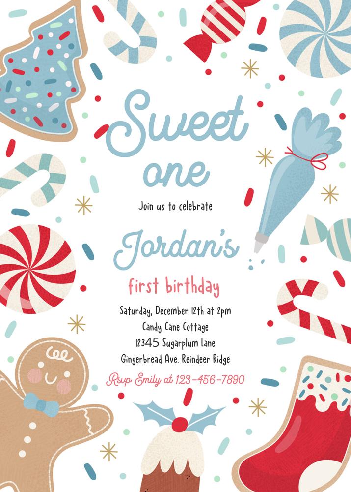 Sweet One Christmas Cookie 1st Birthday Invitation | Editable Canva Template