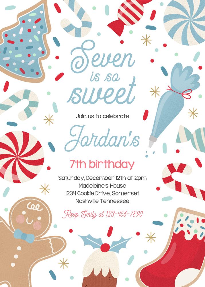 Editable 7th Birthday Cookie Christmas Invitation Template | Sweet One to Seven