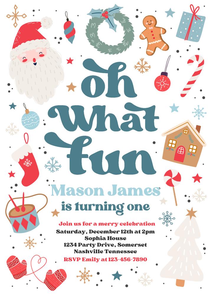 Christmas Birthday Invitation | Blue & Red Oh What Fun Editable Canva Template