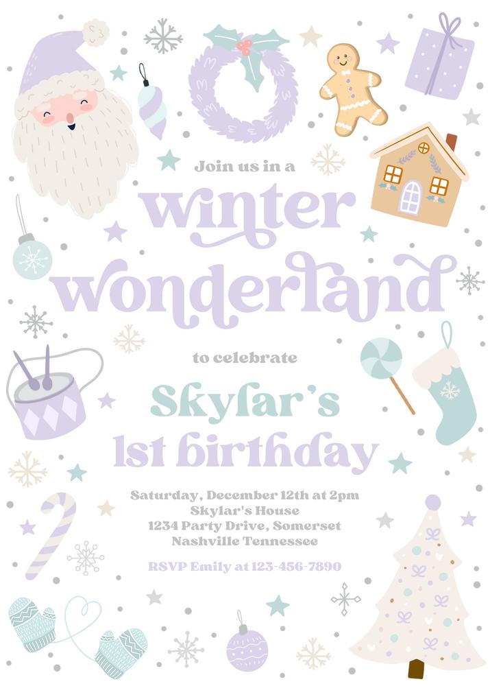 Purple Winter Wonderland 1st Birthday Invitation | Editable Canva Template