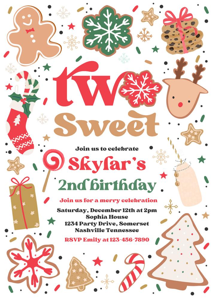 Editable Christmas 2nd Birthday Invitation | Two Sweet Cookie Party Canva Template