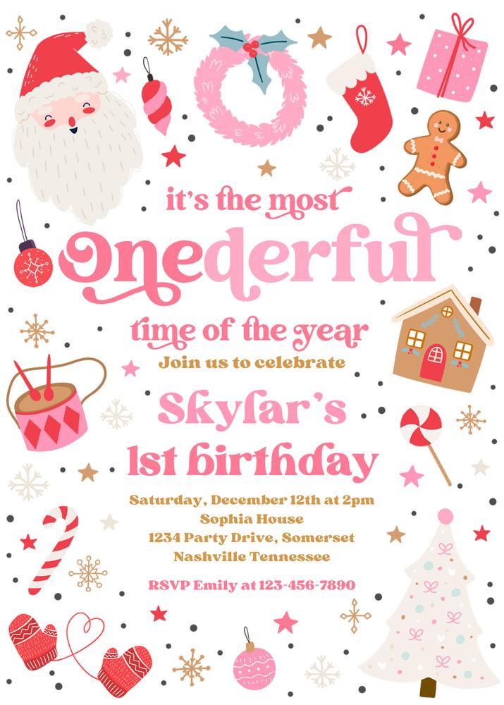 Pink & Red ONEderful Time Of The Year 1st Birthday Invite | Canva Template