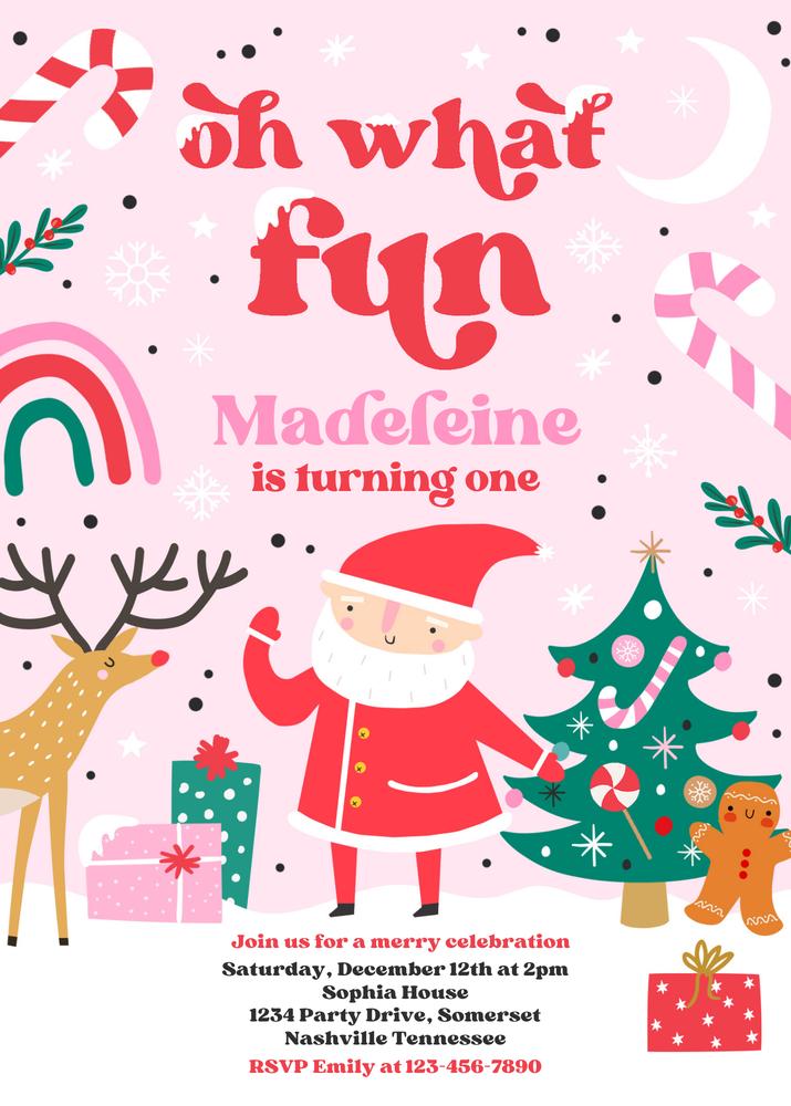 Pink Christmas Birthday Invitation | Editable Canva Template | Oh What Fun Red