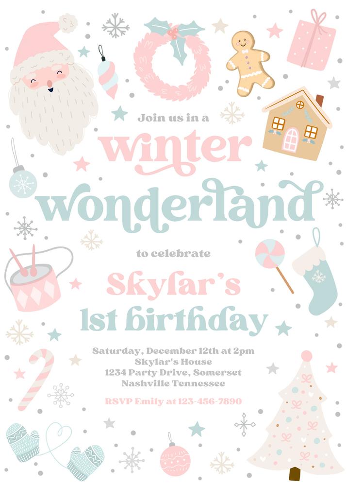 Pink and Blue Winter Wonderland 1st Birthday Invite | Editable Canva Template