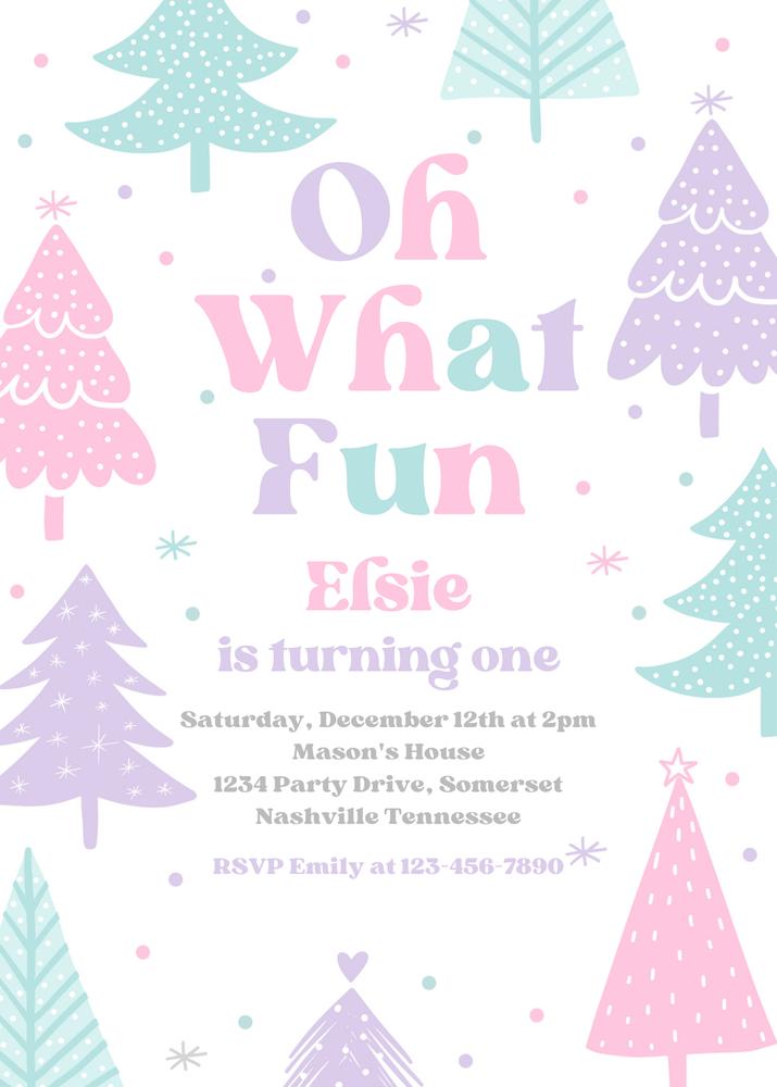 Pink Christmas Tree First Birthday Invitation, Winter Onederland Canva Template