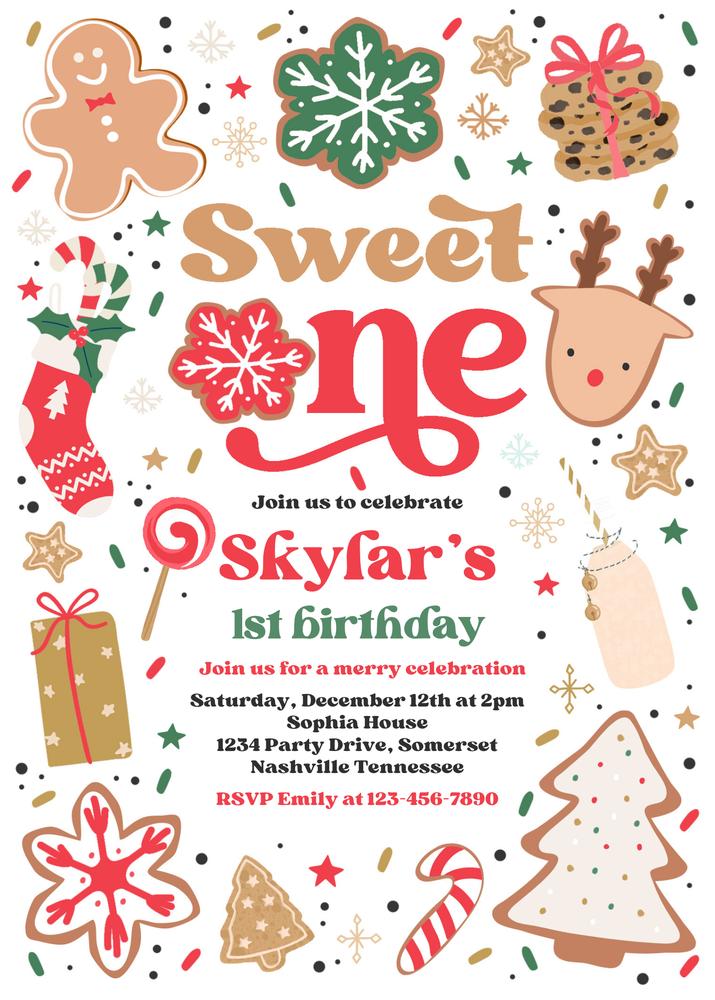 Christmas Cookie 1st Birthday Invitation | Editable Canva Template Sweet One