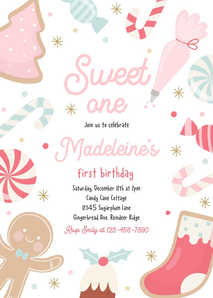 Sweet One Christmas Cookie 1st Birthday Invitation | Editable Canva Template