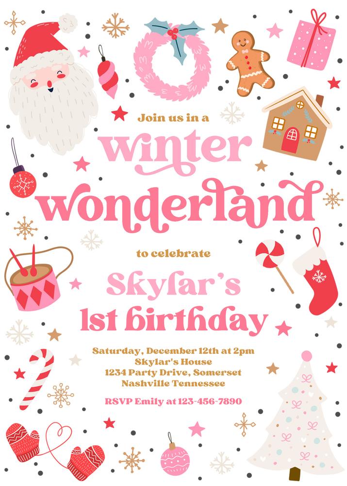 Pink & Red Winter Wonderland 1st Birthday Invitation | Editable Canva Template