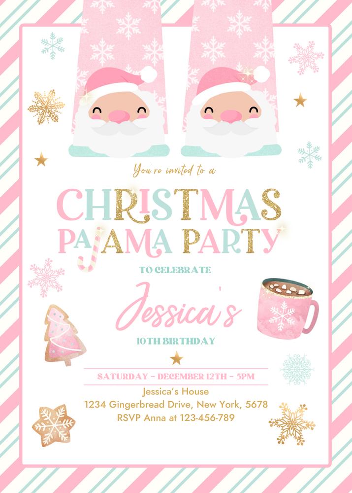 Editable Christmas Pajama Birthday Party Invite | Pink Gold Slumber Party Canva