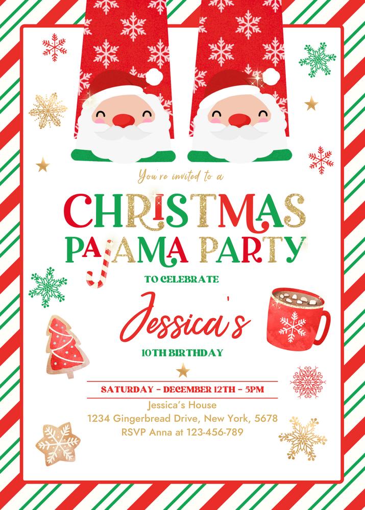 Editable Christmas Pajama Birthday Party Invitation - Red and Gold Slumber Party