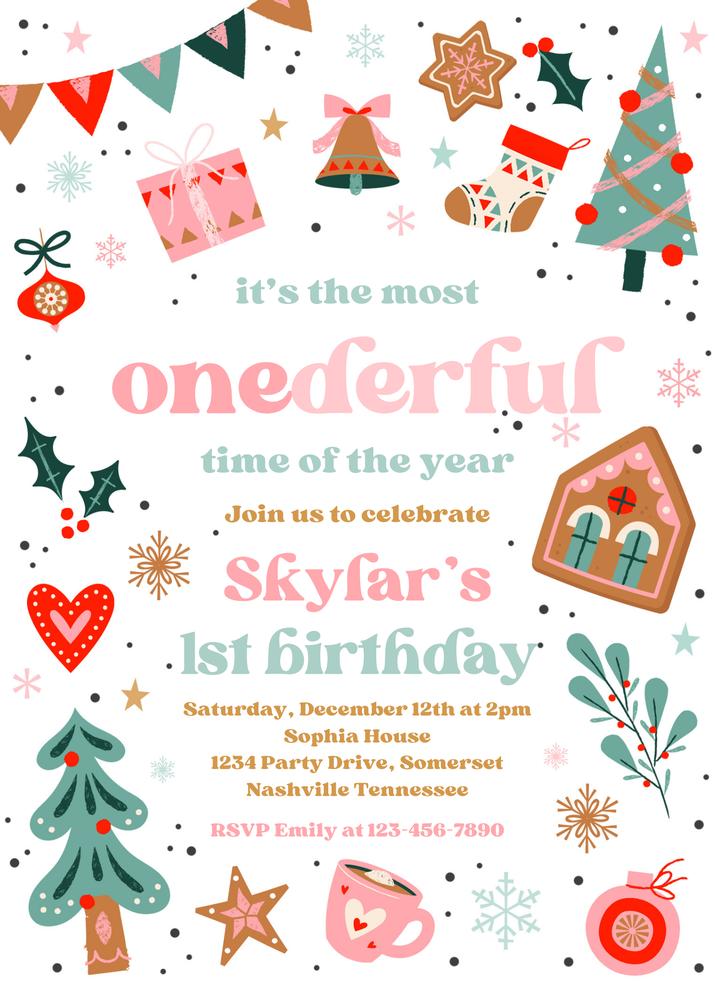 Pink & Red Most ONEderful Time 1st Birthday Invite | Editable Canva Template