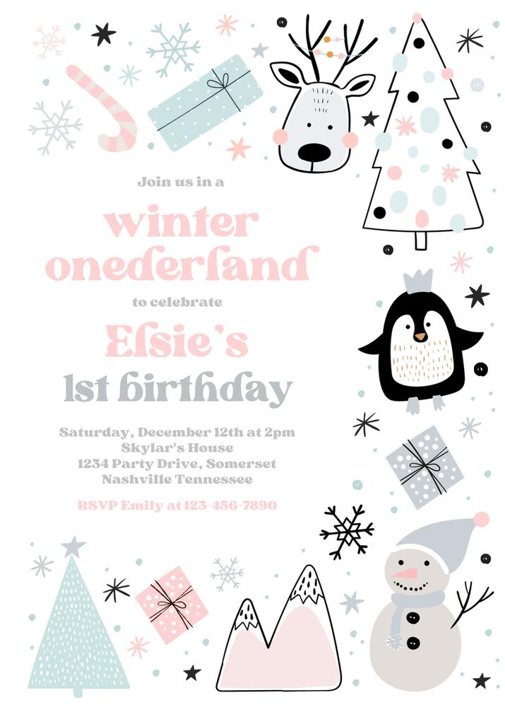 Winter Onederland Invitation Pink & Silver Forest Animals Editable Template