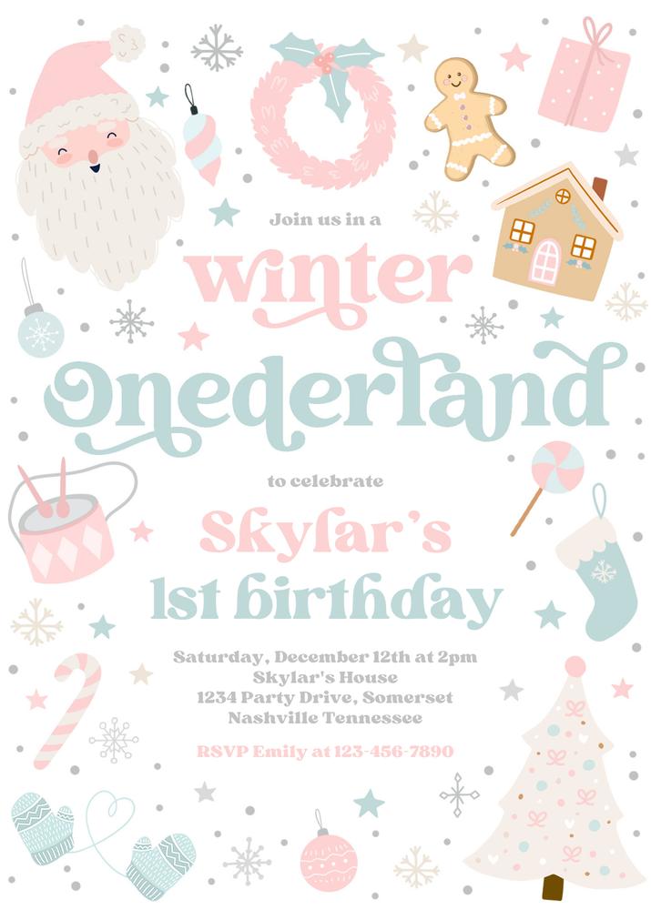 Pink & Blue Winter ONEderland 1st Birthday Invitation | Editable Canva Template
