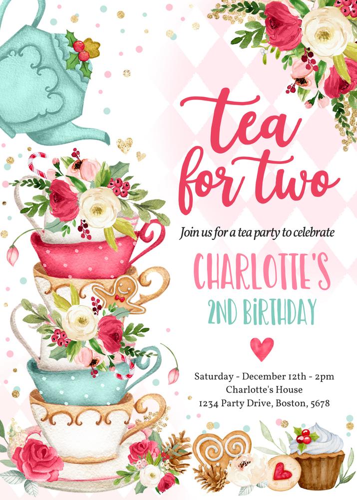 Pink Christmas Tea for Two 2nd Birthday Invitation Canva Template
