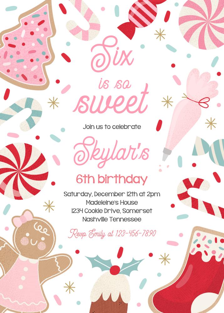 Six Is So Sweet Christmas Cookie 6th Birthday Invitation Canva Template