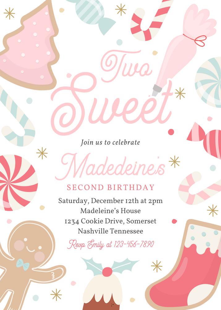 Editable Christmas 2nd Birthday Invitation | Two Sweet Cookie Party Canva