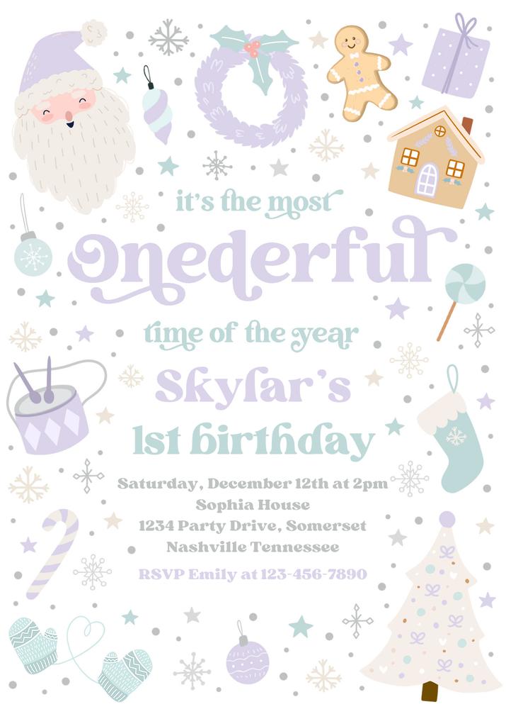 Winter ONEderful Time 1st Birthday Invite | Purple Blue Christmas Canva Template