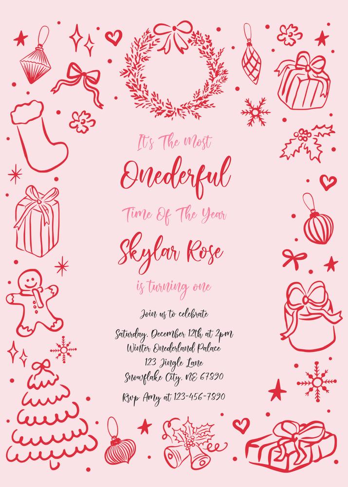 Pink Coquette Bow 1st Birthday Invitation | ONEderful Time Of The Year Template