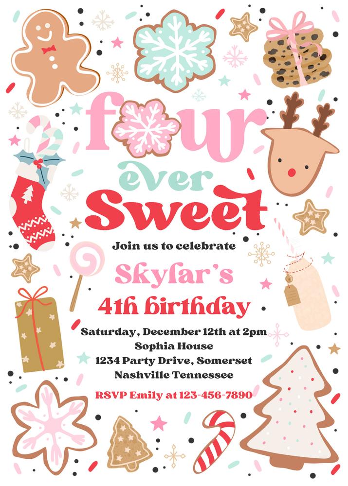 Four Ever Sweet Christmas Cookie 4th Birthday Invitation Canva Template