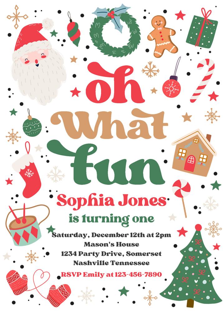 Editable Christmas Birthday Invitation - Oh What Fun Red & Green Canva Template