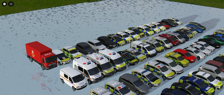 Low poly EMS ambulance vehicles parked in Roblox city environment