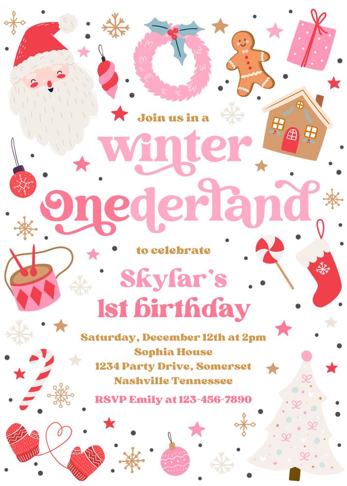 Winter ONEderland 1st Birthday Invitation | Pink & Red Christmas Canva Template