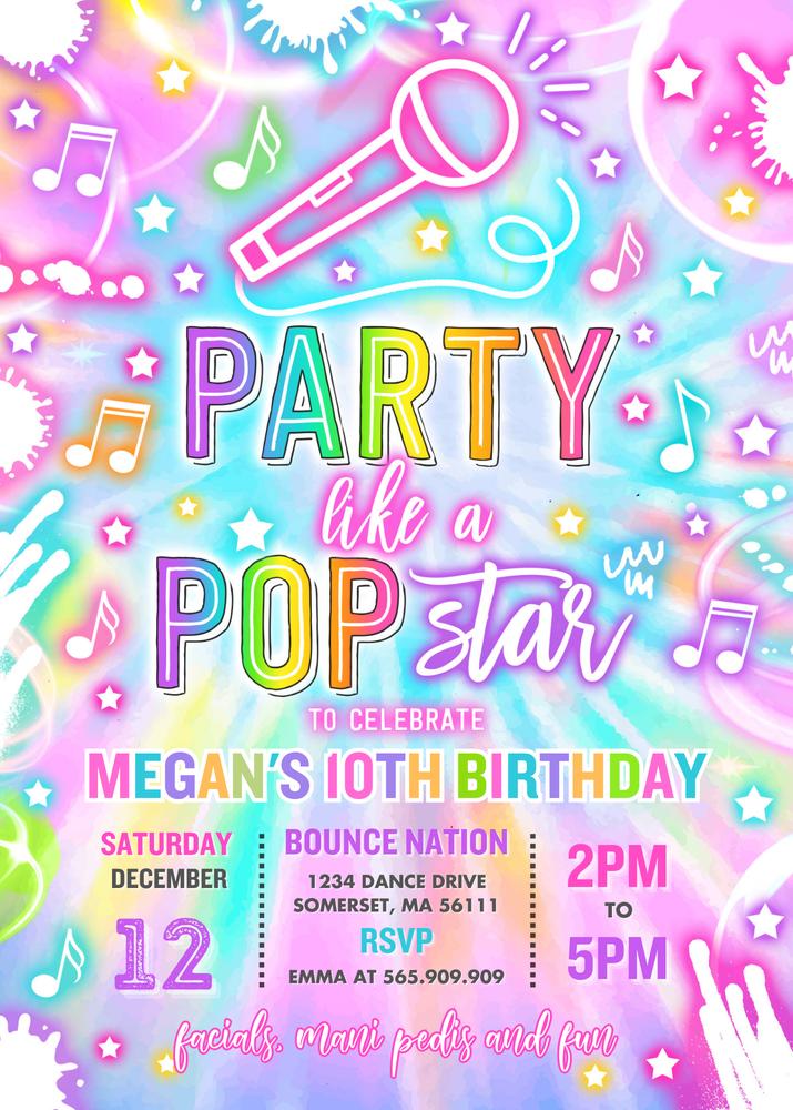 Pop Star Birthday Invitation | Neon Glow Party Template | Editable in Canva
