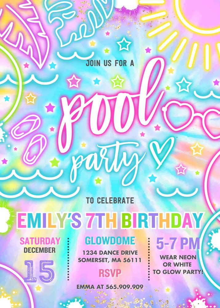 Glow Neon Tie Dye Pool Party Birthday Invitation - Editable Canva Template