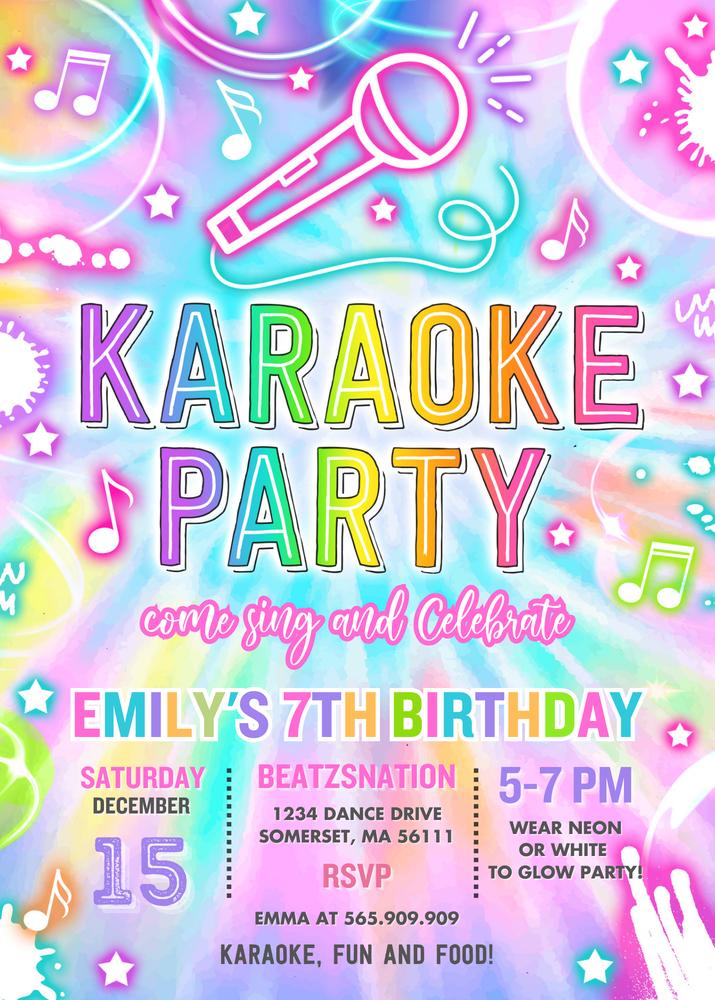 Neon Tie Dye Karaoke Birthday Invitation | Editable Canva Template