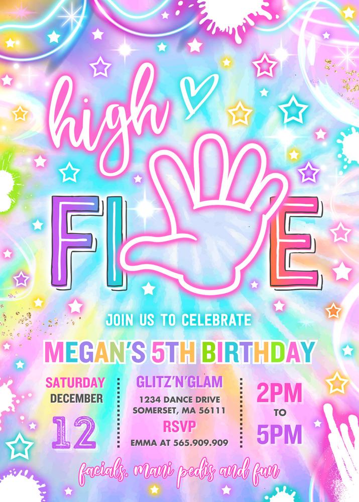 Neon Glow High Five 5th Birthday Invitation | Editable Canva Template